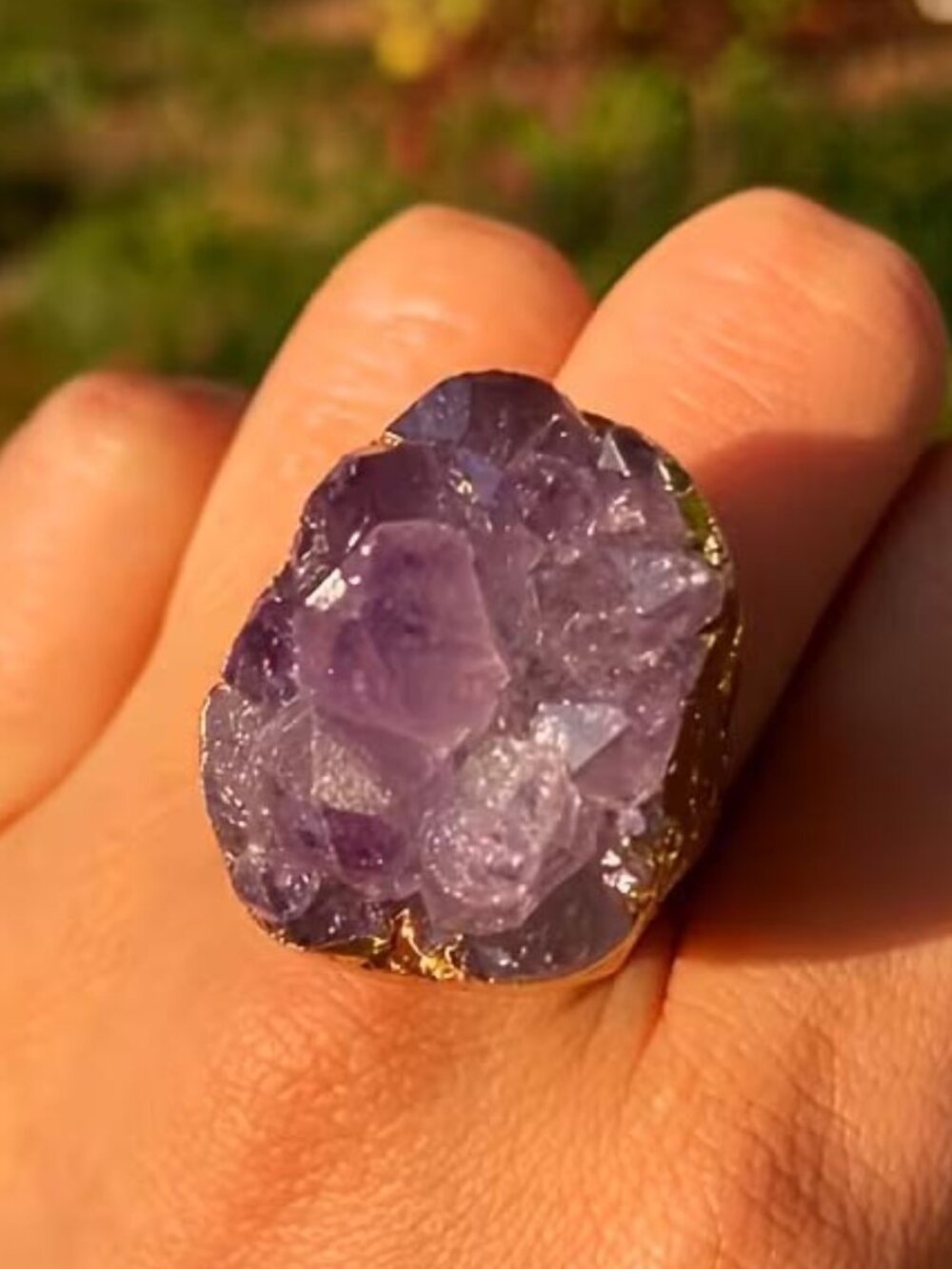 AWESOME MASSIVE AMETHYST GEODE ROUGH GOLDEN ADJUSTABLE RING N